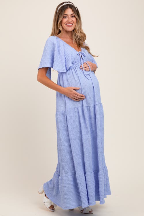 Pinkblush Woven Textured Flutter Sleeve V-neck Tiered Maxi Dress In Blue
