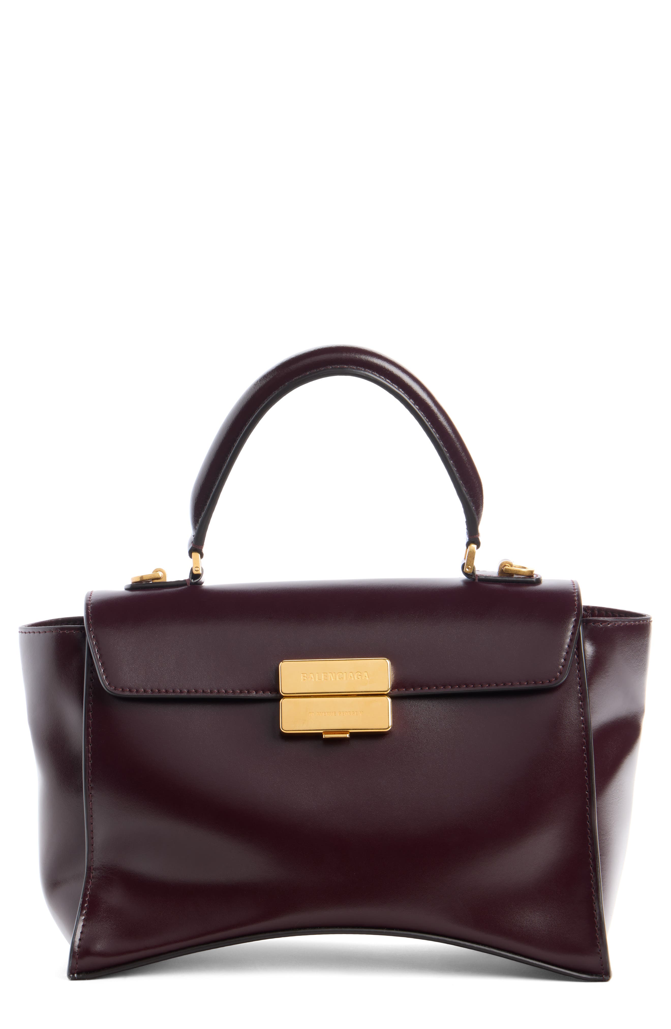 Small Hourglass Avenue Leather Top Handle Bag, Main, color, 6134 BORDEAUX