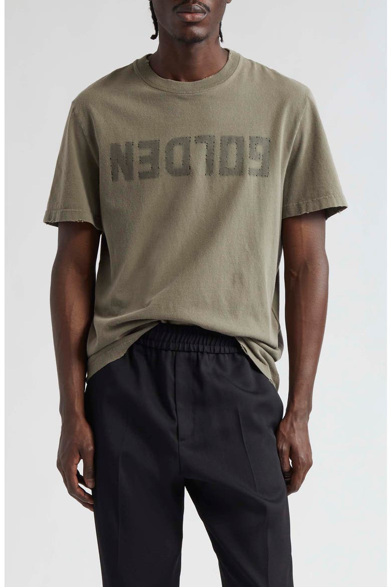 Distressed Upside Down Logo Cotton Graphic Tee, Main, color, DUSTY OLIVE