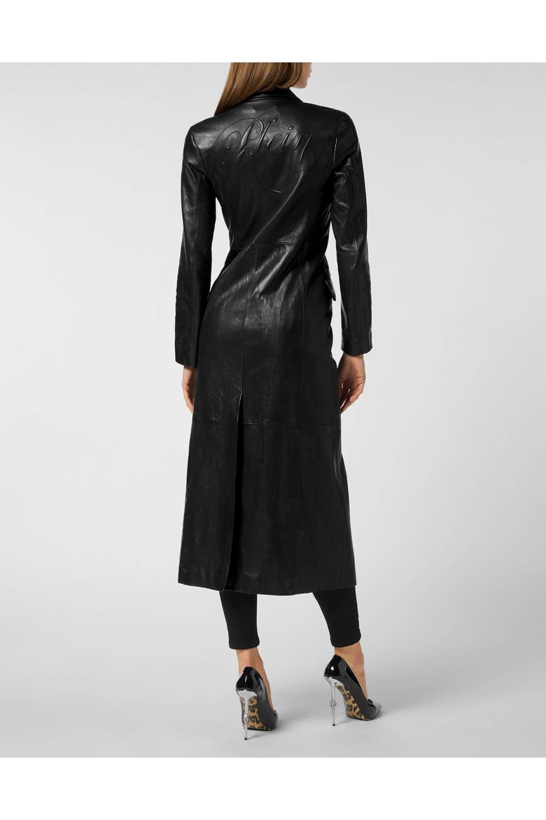Double-Breasted Leather Long Coat Embossed Signature Women, Alternate, color, black
