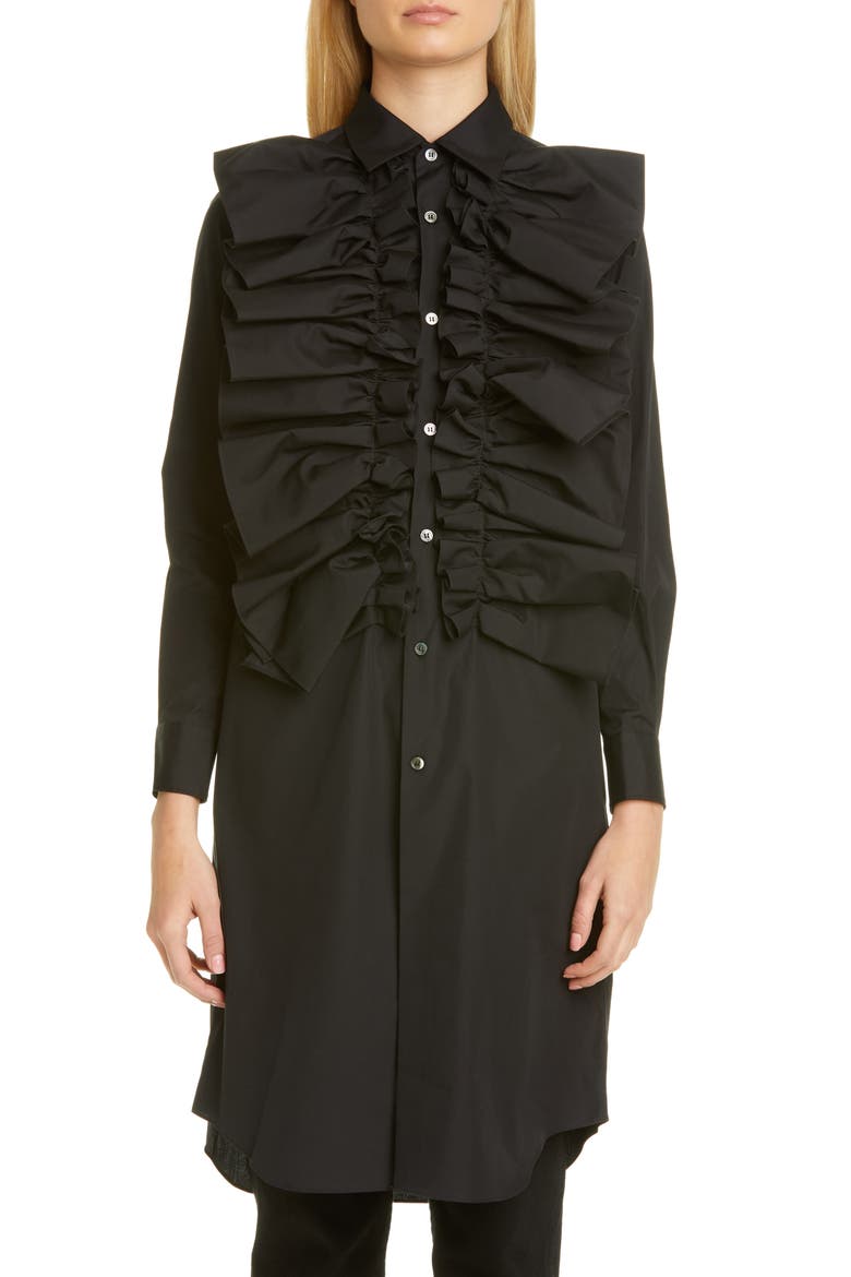 Ruffle Placket Long Cotton Shirt, Main, color, BLACK
