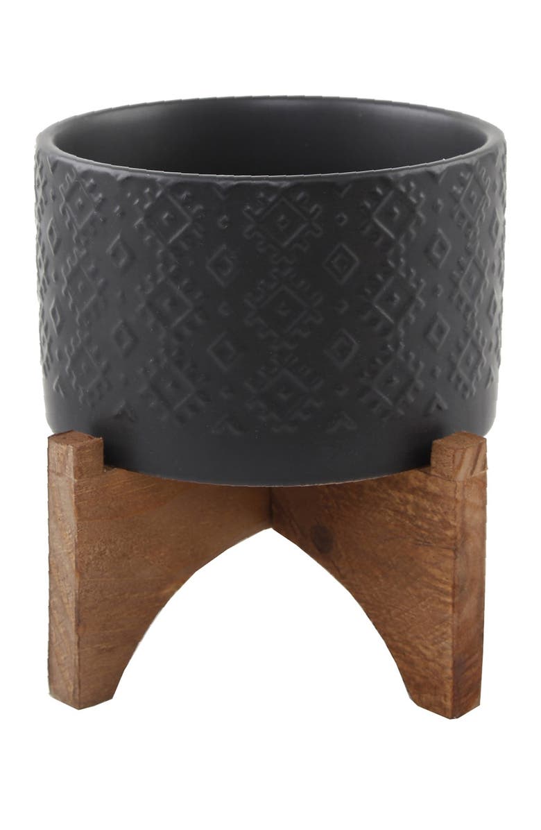 FLORA BUNDA 6" Ceramic Planter on Wood Stand - Matte Black, Main, color, 