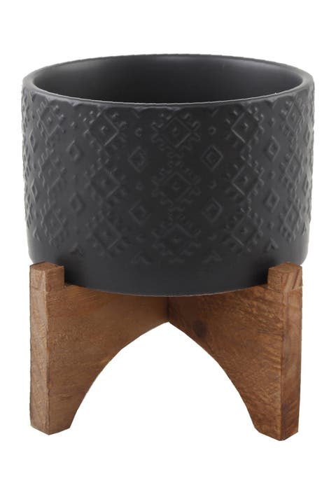 6" Ceramic Planter on Wood Stand - Matte Black