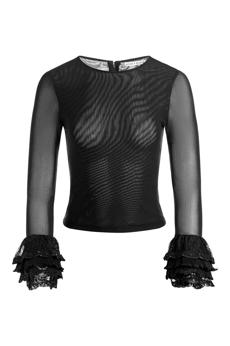 Delania Mesh Ruffle Cuff Top, Alternate, color, BLACK
