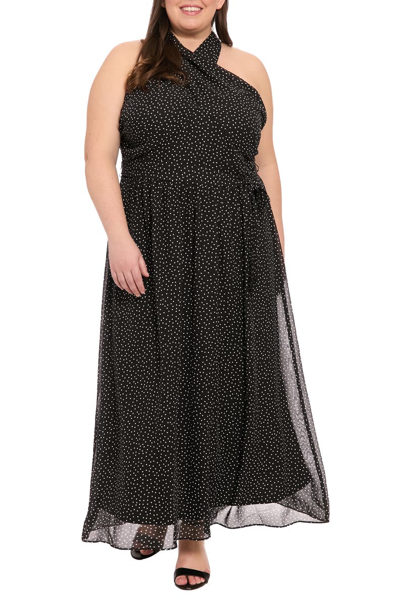 London Times Polka Dot Halter Maxi Dress, Main, color, Black/ White