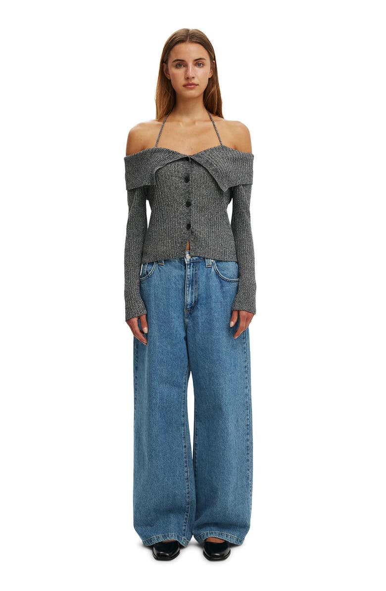 Cotton On Women's Button Down Off Shoulder Knit, Alternate, color, Black Twist