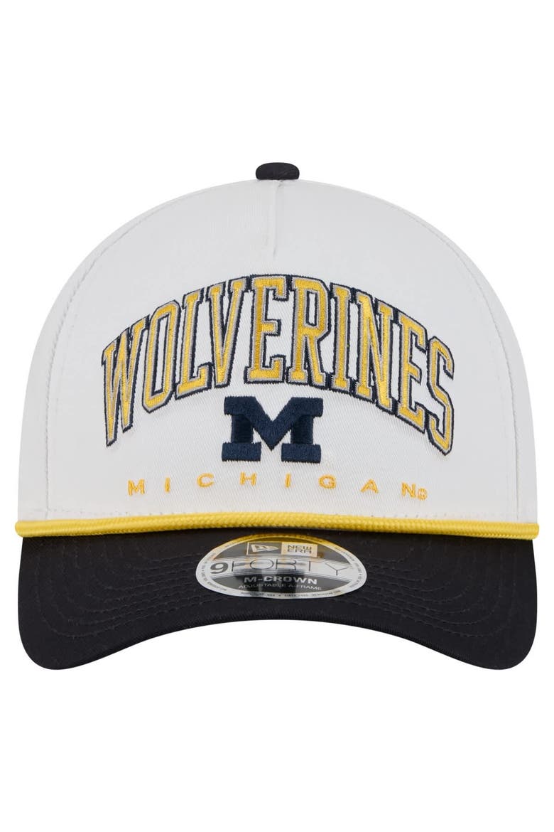 Men's New Era White/Navy Michigan Wolverines Arch Two-Tone Rope 9FORTY A-Frame M-Crown Adjustable Hat, Alternate, color, White