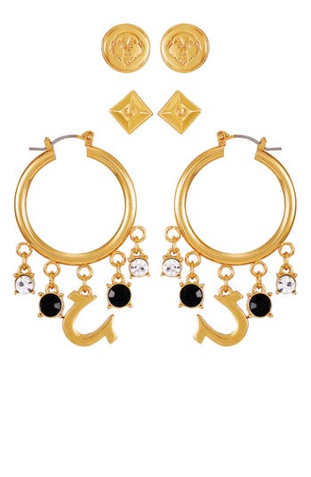 True Religion Set Of 3 Logo Stud & Hoop Earrings In Goldtone