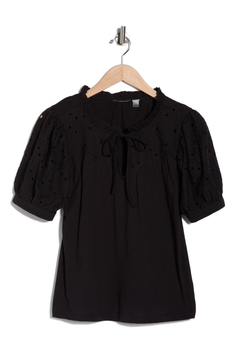 Embroidered Short Sleeve Peasant Top, Alternate, color, BLACK