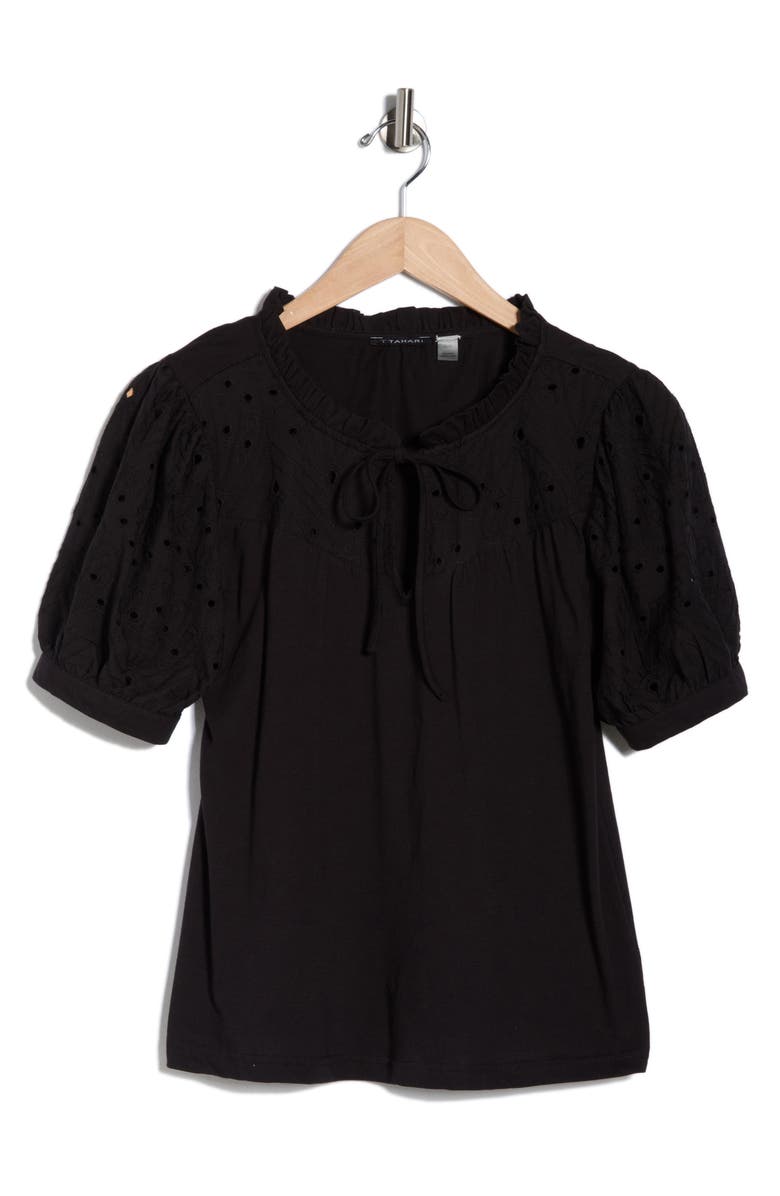 T Tahari Embroidered Short Sleeve Peasant Top, Main, color, Black