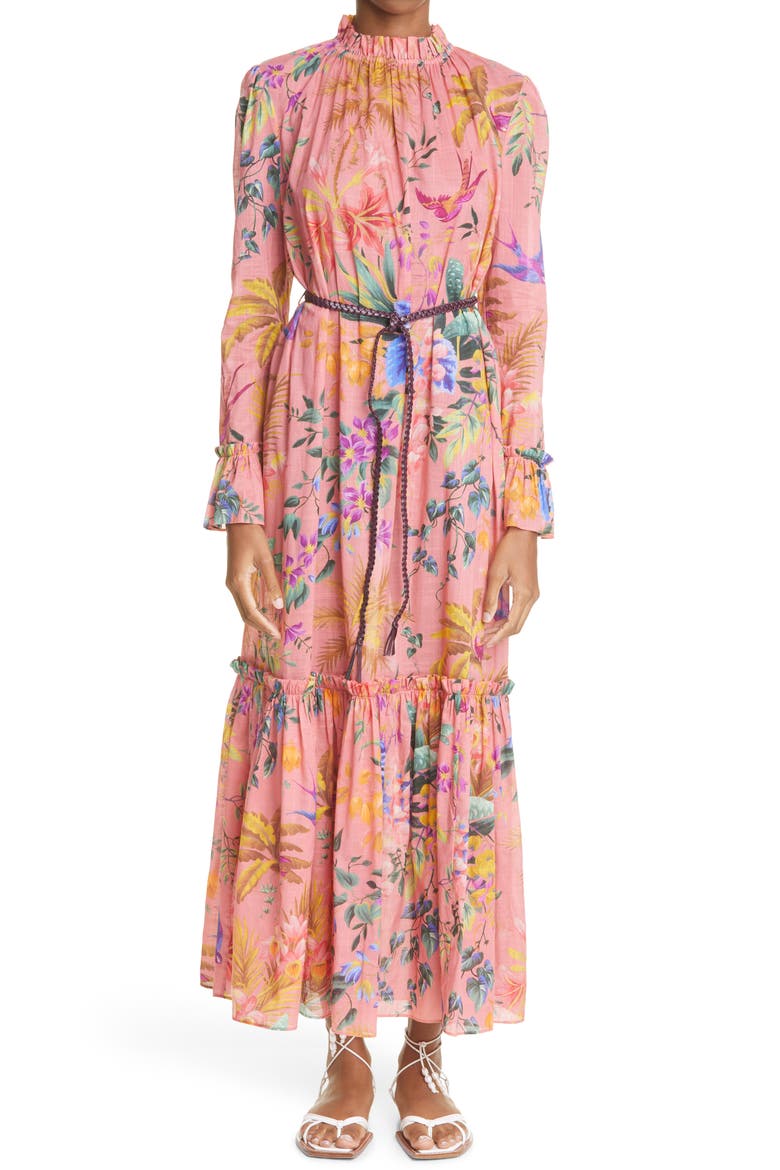 Tropicana Floral Print Frill Long Sleeve Cotton Voile Dress, Main, color, CORAL FLORAL
