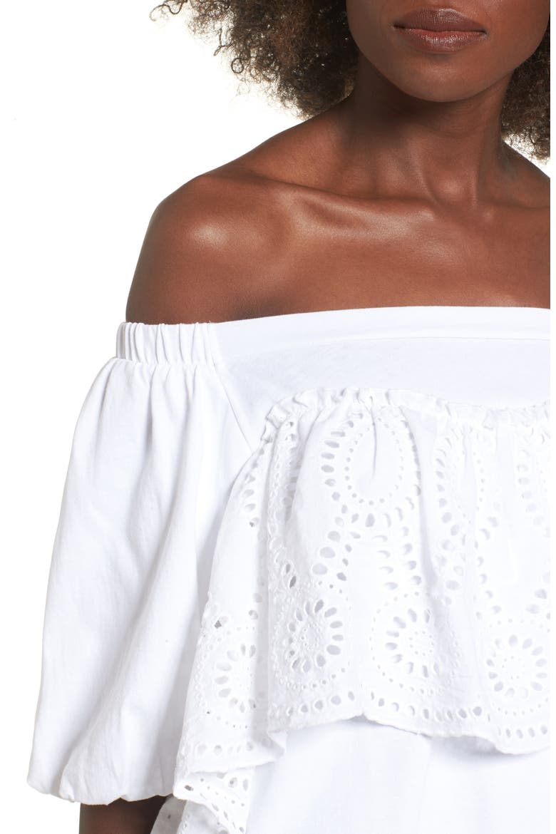 Eyelet Ruffle Off the Shoulder Top, Alternate, color, WHITE