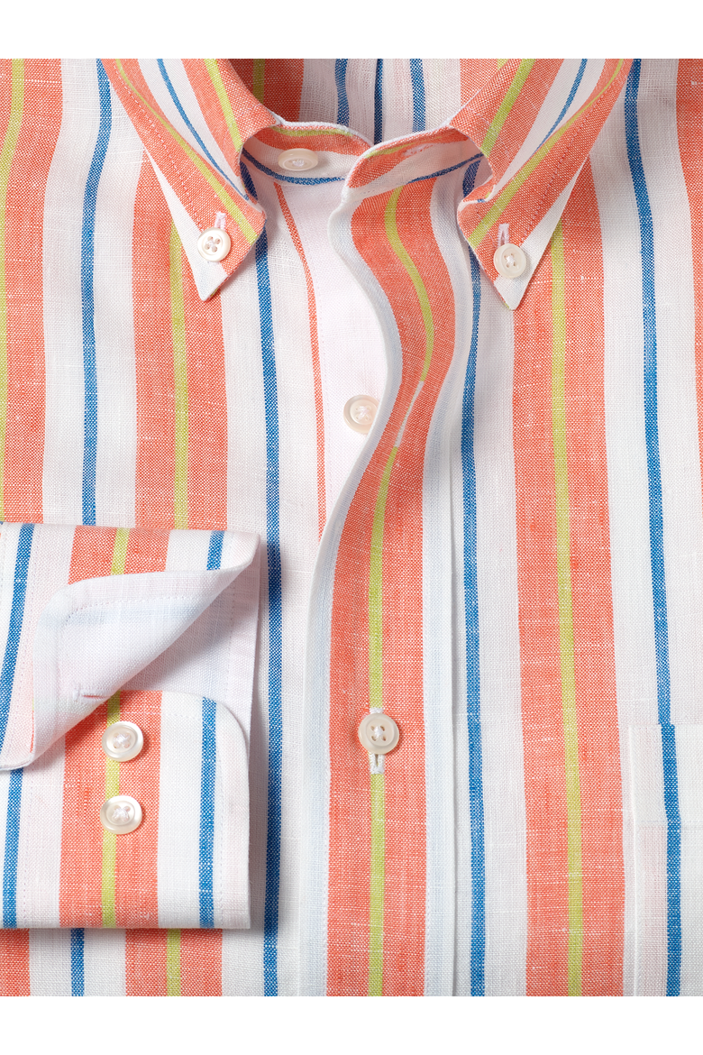 Linen Buttondown Collar Poplin Tailored Contrast Trim Button Cuff Long Sleeve, Alternate, color, White Multi