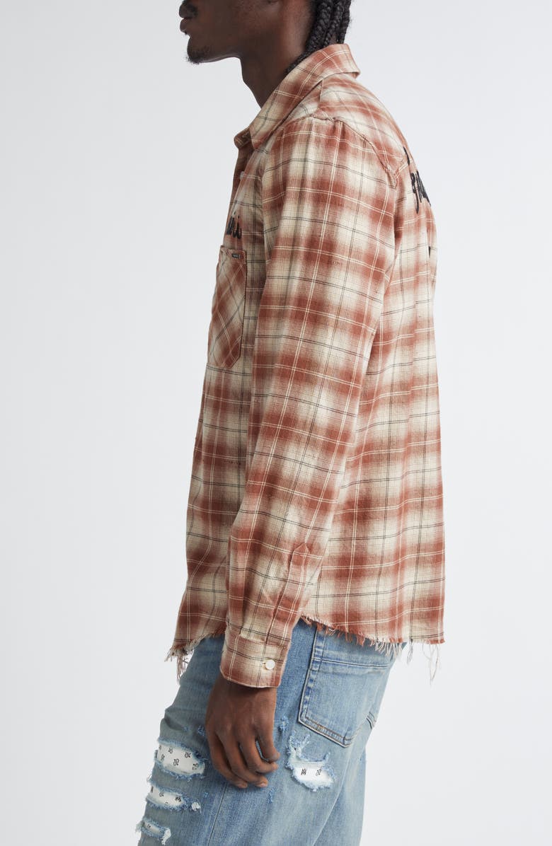 AMIRI Shotgun Distressed Plaid Flannel Button-Up Shirt, Alternate, color, Chocolate