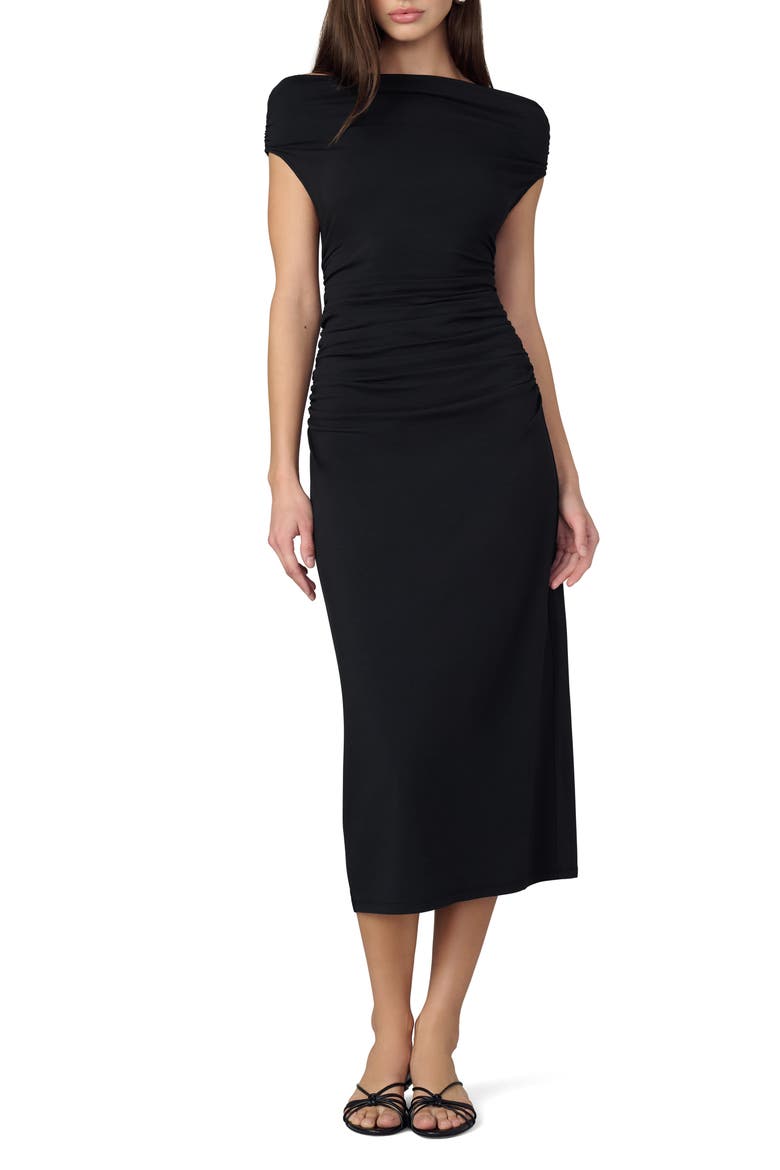 The Mia Scrunch Off-the-Shoulder Midi Dress, Main, color, BLACK