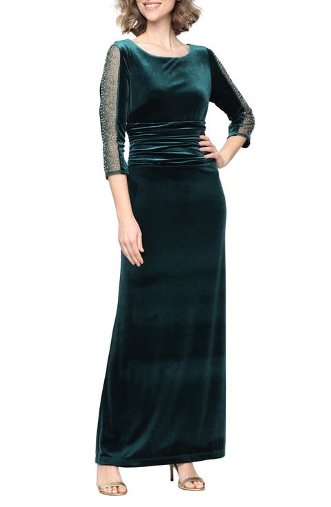 Embellished Sleeve Stretch Velvet Maxi Cocktail Dress