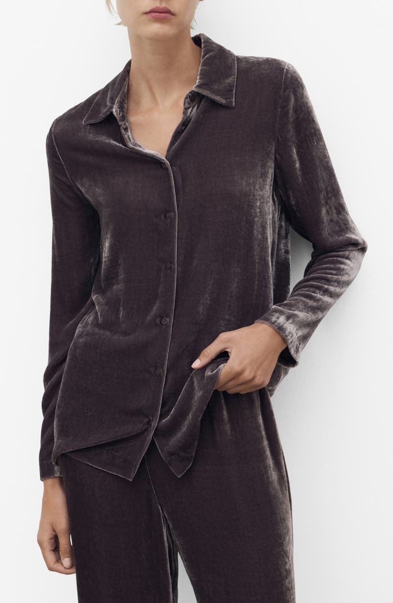 MANGO Velvet Button-Up Shirt, Main, color, Blackberry