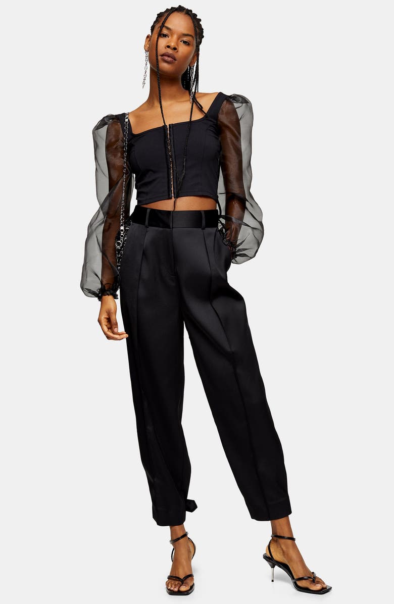 Topshop Satin Button Hem Peg Trousers, Alternate, color,