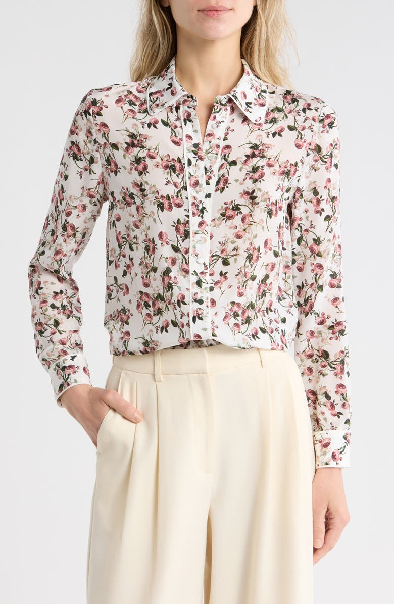 Alice + Olivia Willa Floral Placket Button-Up Shirt, Main, color, Fleur Frills Off White