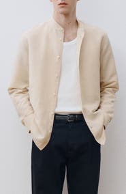 MANGO Band Collar Linen
Cotton Button-Up Shirt