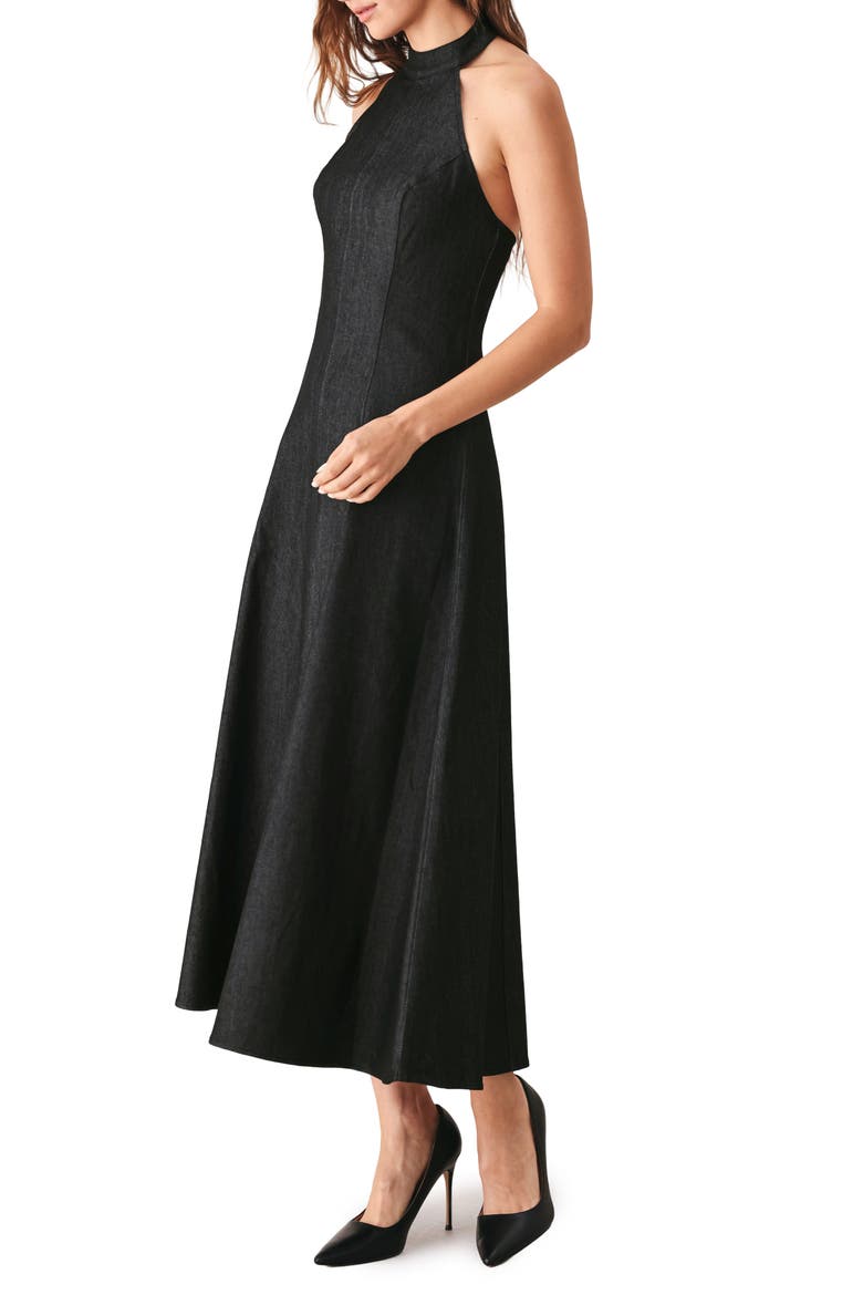 Halter Neck Denim Midi Dress, Alternate, color, DARK DENIM