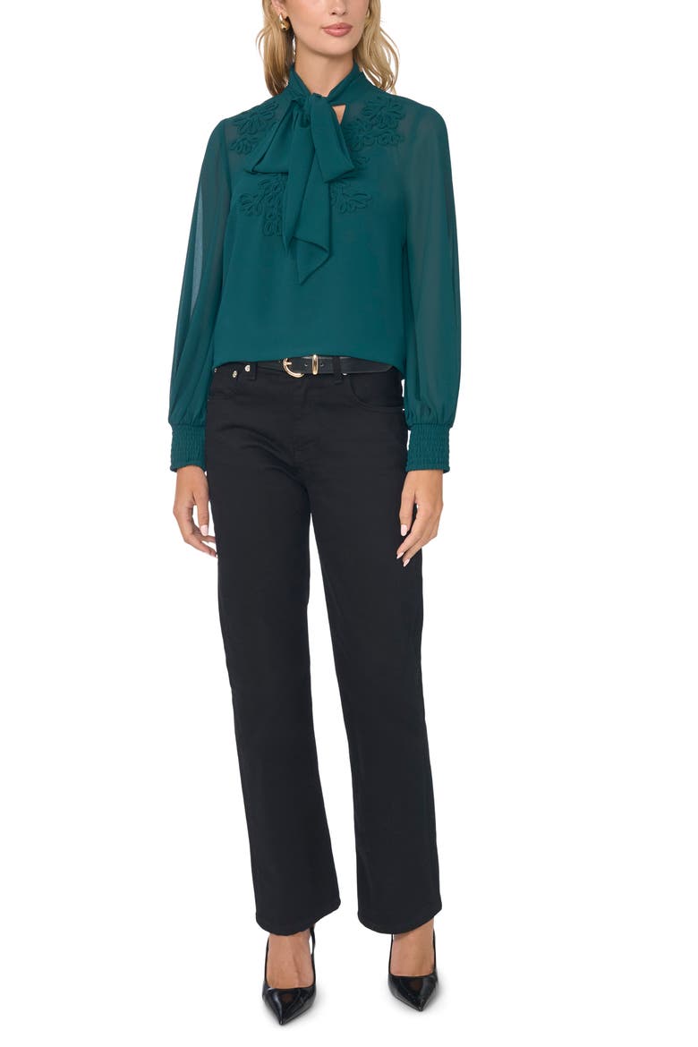 Soutache Embroidered Tie Neck Top, Alternate, color, DEEP EMERALD