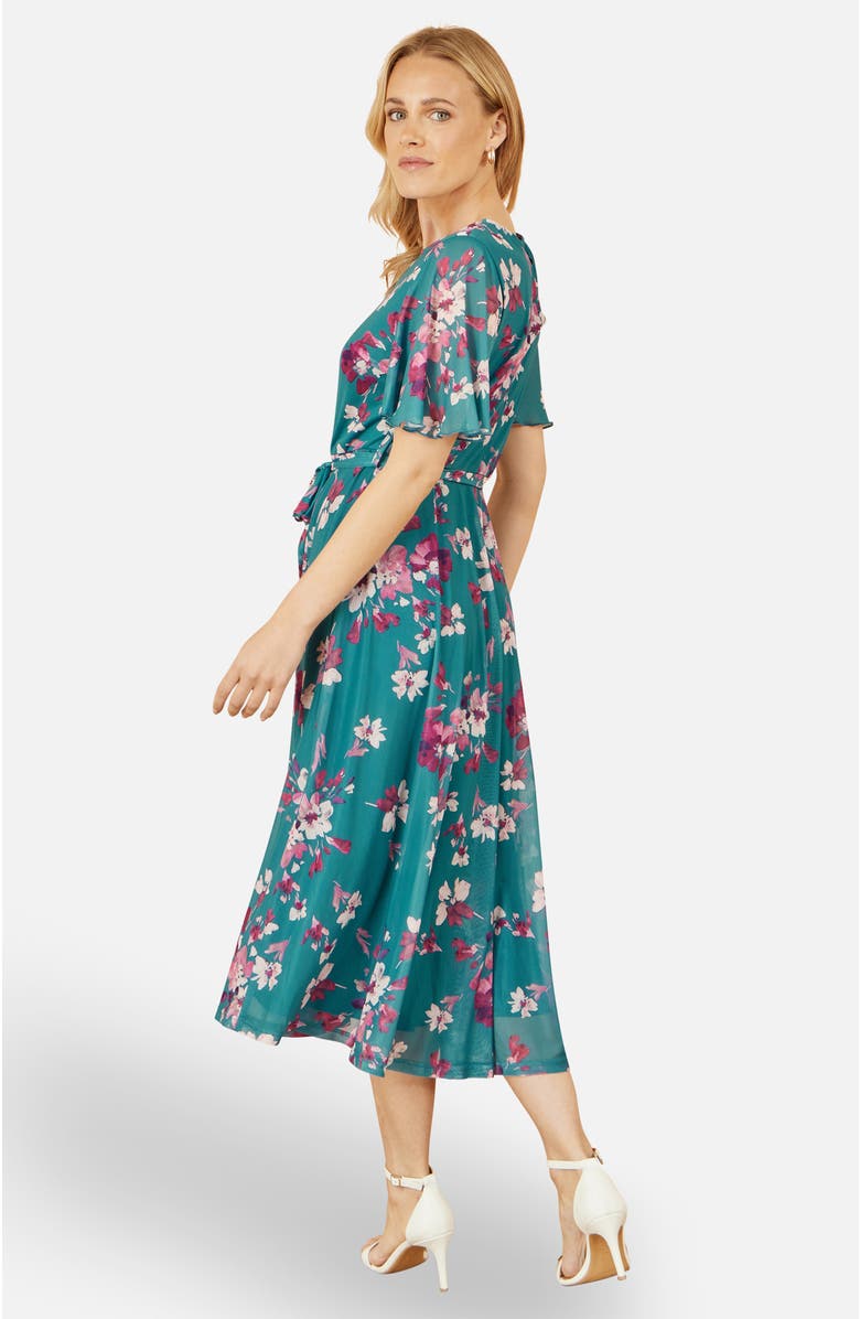 Yumi Mesh Skater Floral Midi Dress, Alternate, color, Teal