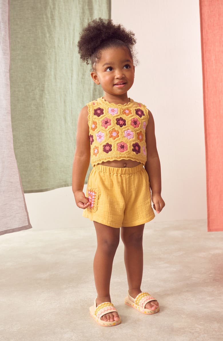 NEXT Kids' Floral Crochet Top & Cotton Gauze Shorts Set, Alternate, color, Yellow Multi