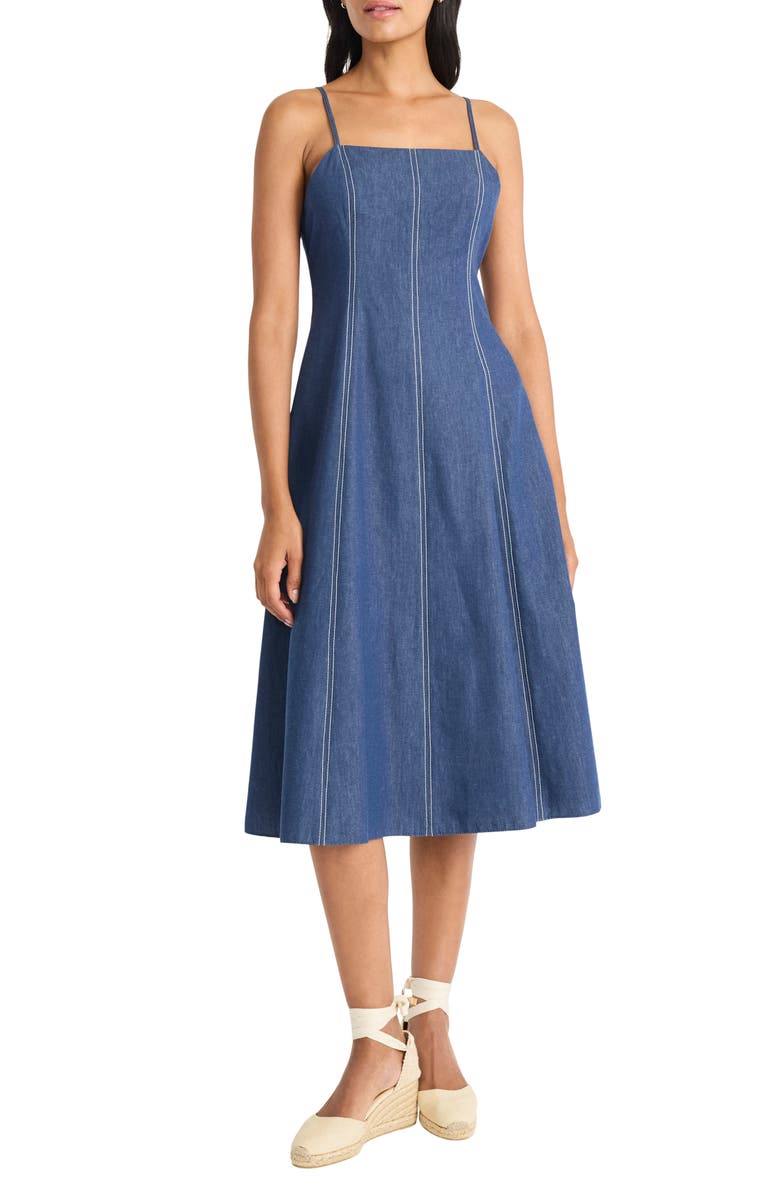 Maggy London Topstitch Sleeveless Chambray Midi Dress, Main, color, Denim
