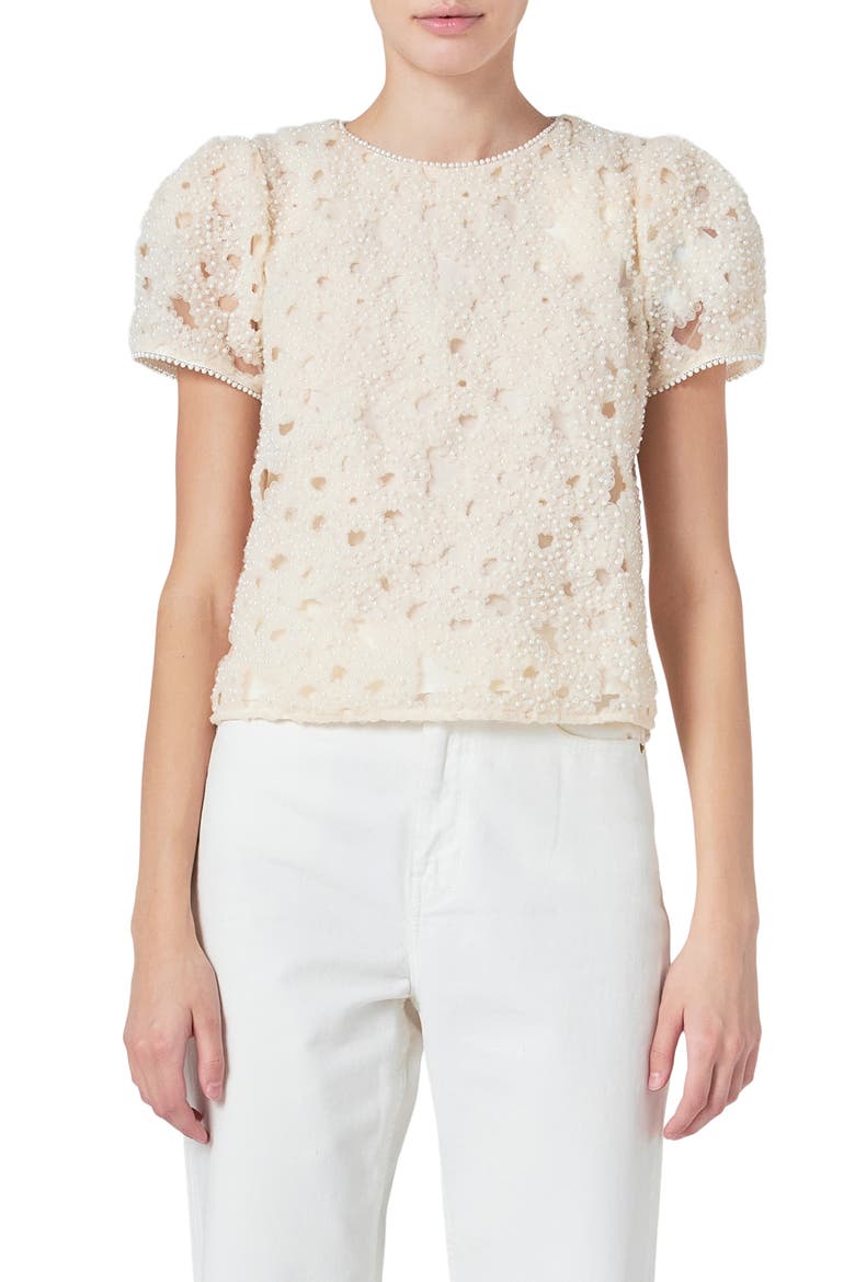 Faux Pearl Texture Puff Sleeve Top, Main, color, CHAMPAGNE