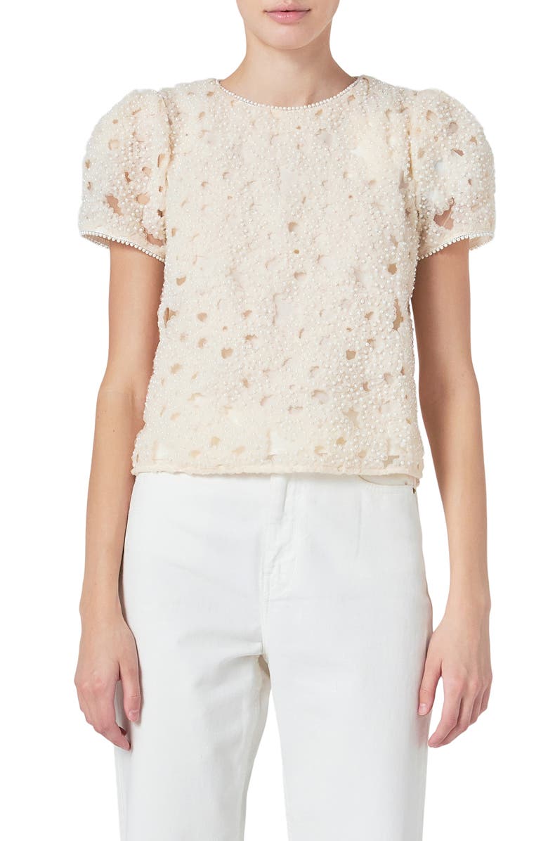 Endless Rose Faux Pearl Texture Puff Sleeve Top, Main, color, Champagne