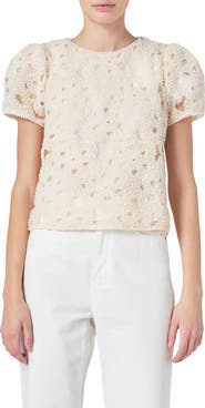 Endless Rose Faux Pearl Texture Puff Sleeve Top