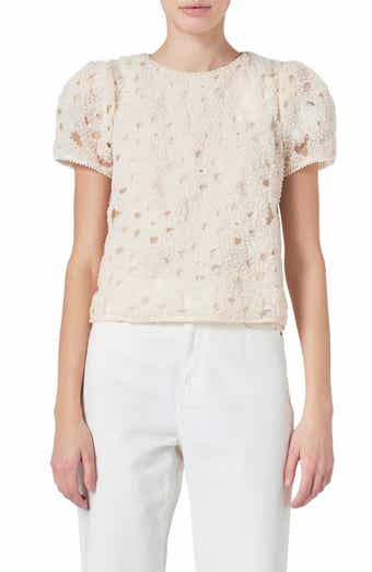 Faux Pearl Texture Puff Sleeve Top