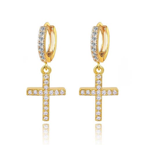 Hollywood Sensation Cross Dangle Earrings With White Diamond Cubic Zirconia In Gold