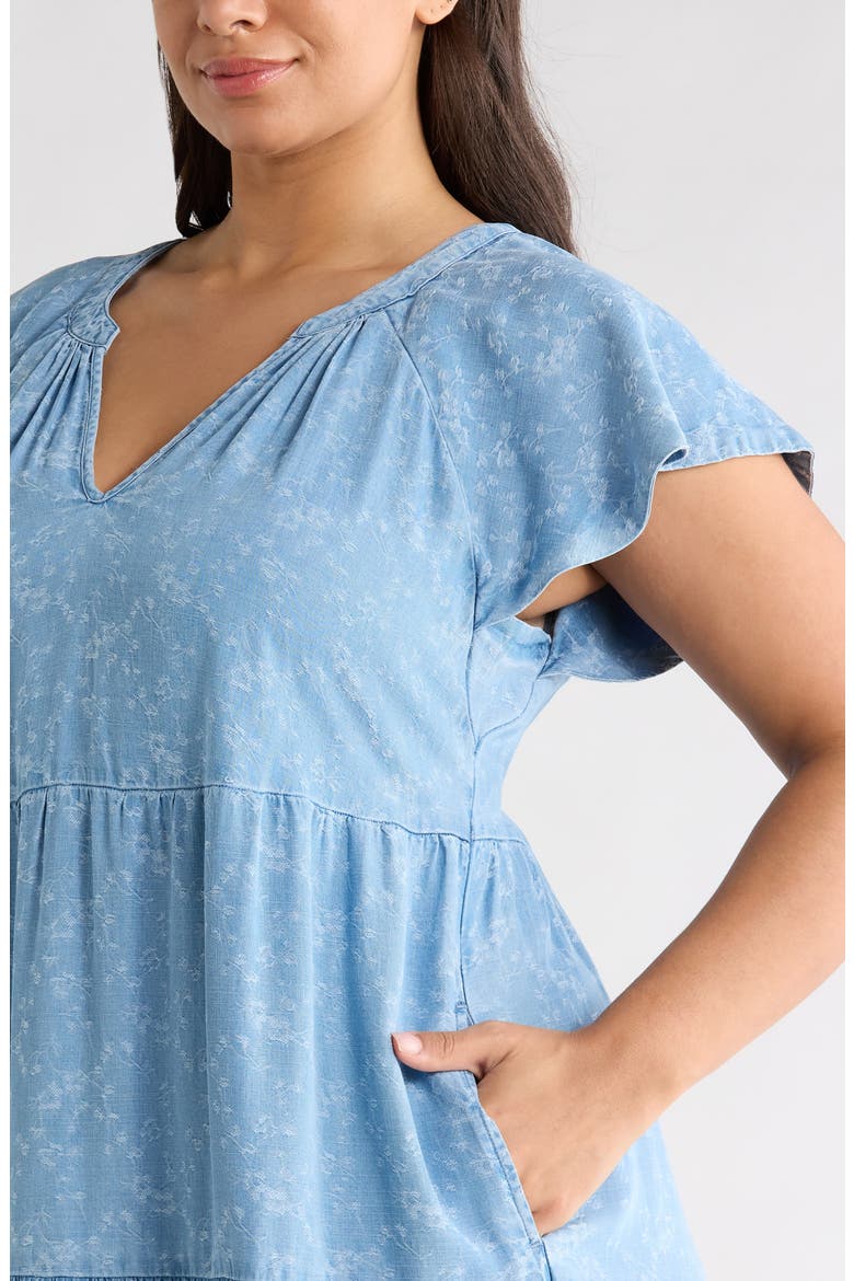 Tiered Floral Flutter Sleeve Denim Dress, Alternate, color, INDIGO ROSES