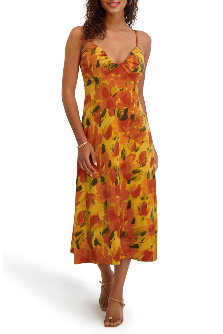 Printed Satin Midi Dress, Main, color, MULTI