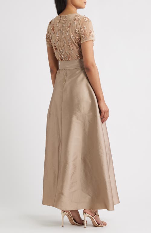 Pisarro Nights 3d Floral Bodice Beaded Gown In Brown