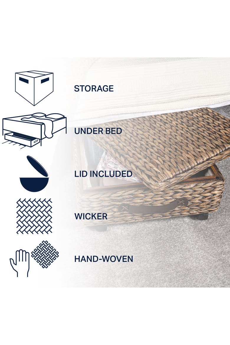 Chett Minimalist Hand-Woven Hyacinth/Wood Underbed Storage Bin with Wheels and Handles, Alternate, color, Brown Wash