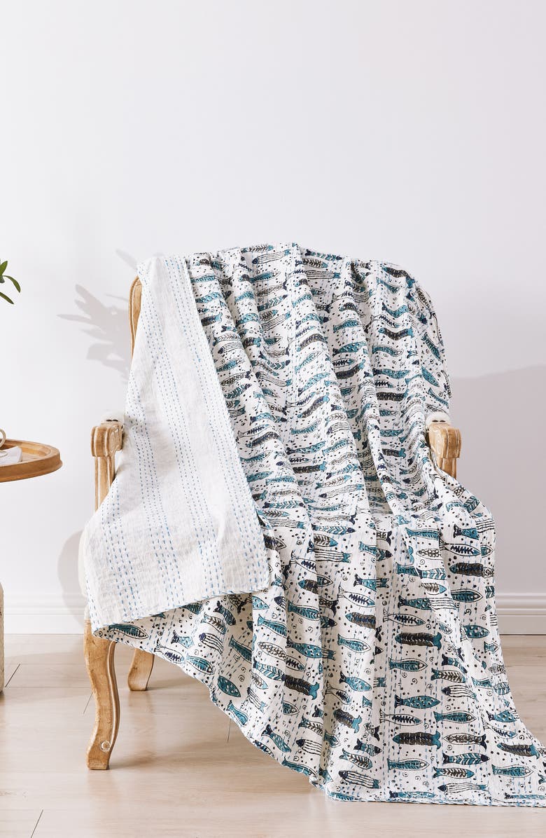 MELANGE HOME Fish Kantha Cotton Throw Blanket, Alternate, color, Indigo