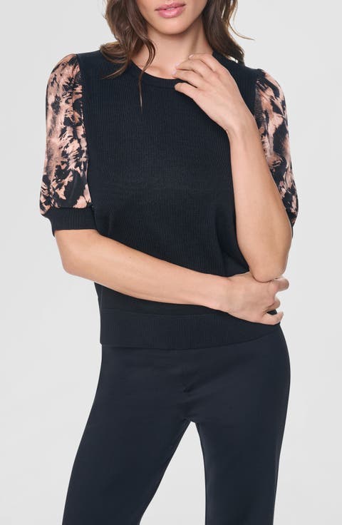 Print Twist Sleeve Mixed Media Sweater
