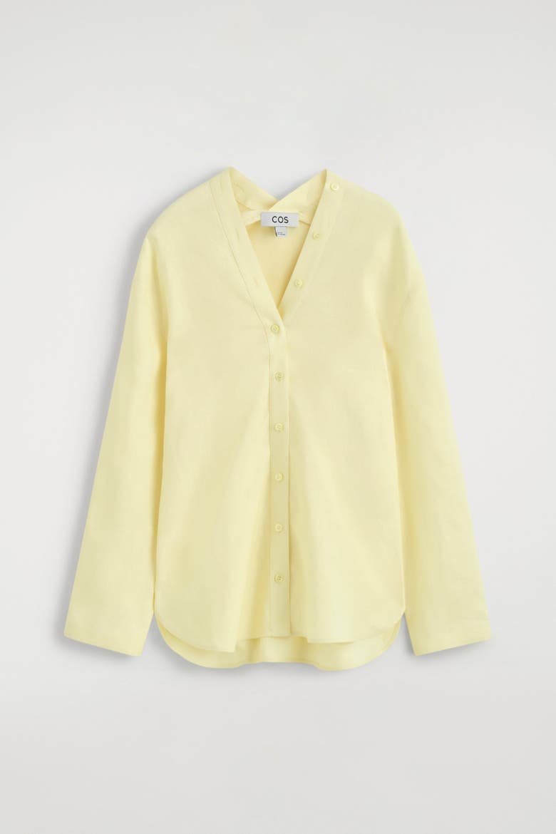 Button-detail Linen V-neck Shirt, Alternate, color, YELLOW