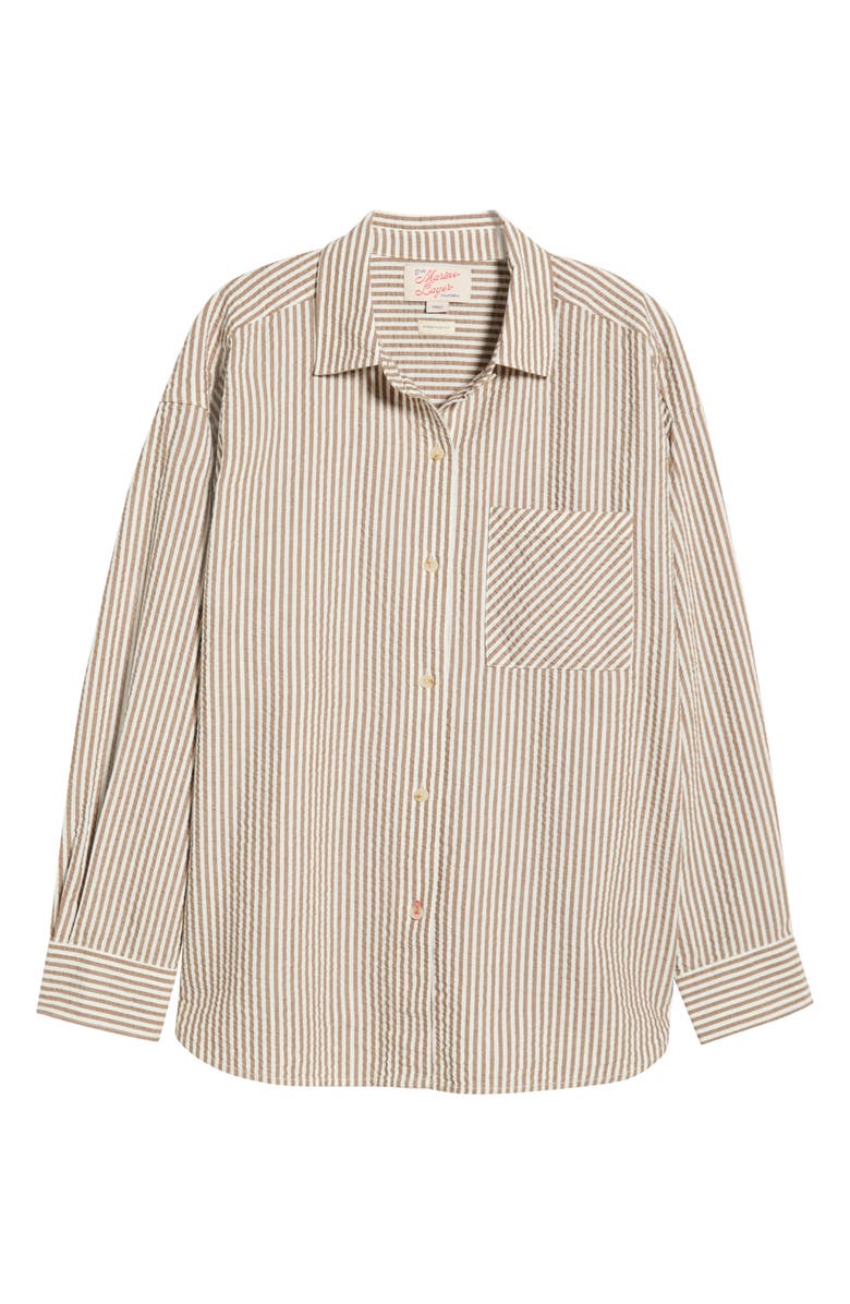 Marine Layer Gracey Stripe Oversize Cotton & Kapok Seersucker Button-Up Shirt, Main, color, Mocha Stripe