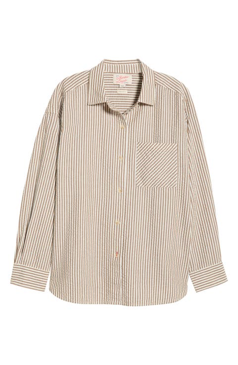 Gracey Stripe Oversize Cotton & Kapok Seersucker Button-Up Shirt