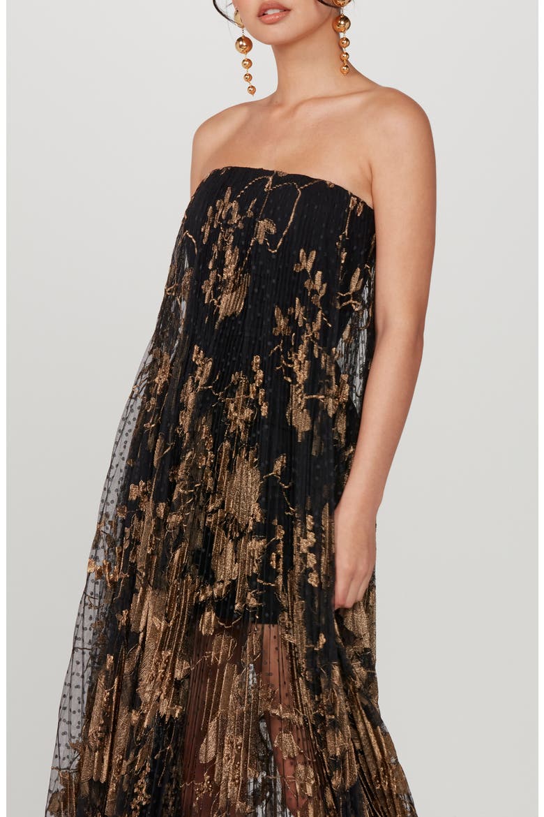 Delphanie Metallic Floral Strapless Pleated Gown, Alternate, color, BLACK/ GOLD