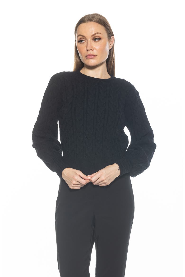 Berli Balloon Sleeve Cable Knit Crop Sweater, Alternate, color, BLACK