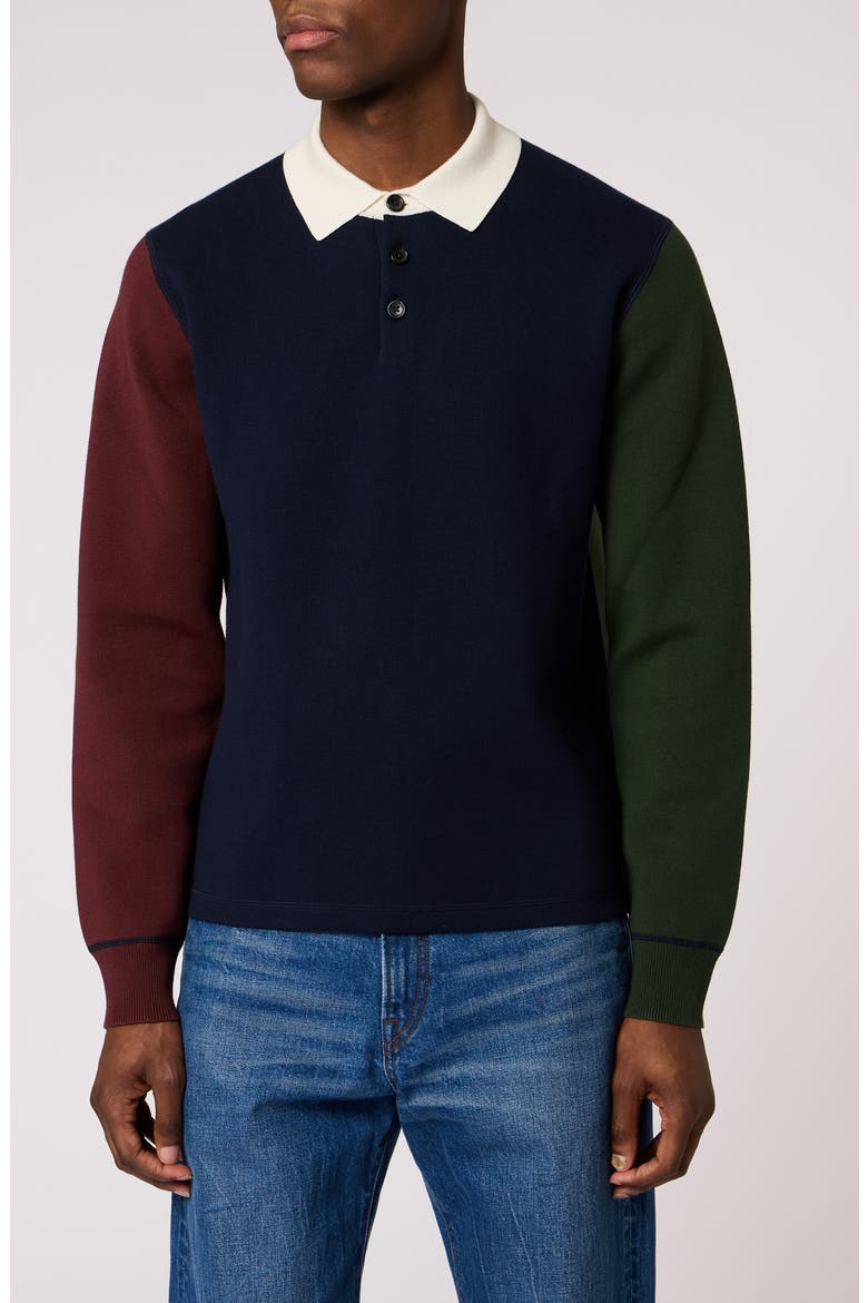 Colorblock Long Sleeve Cotton & Merino Wool Polo Sweater, Main, color, VERY DARK NAVY