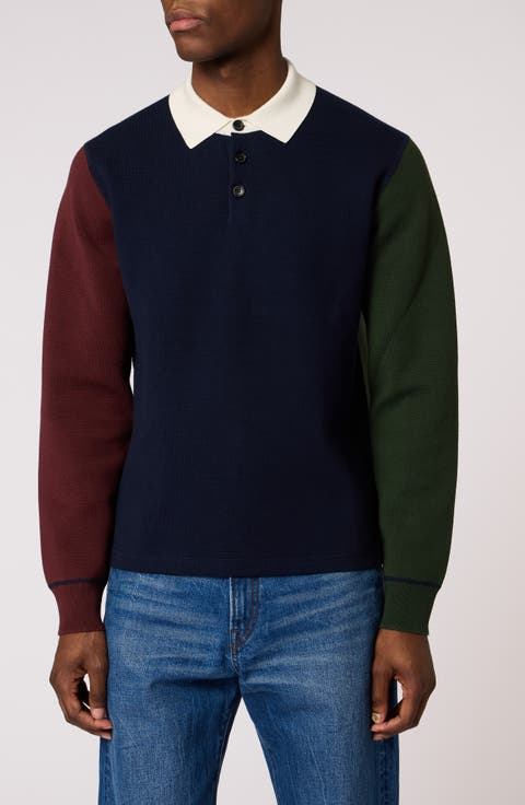 Colorblock Long Sleeve Cotton & Merino Wool Polo Sweater