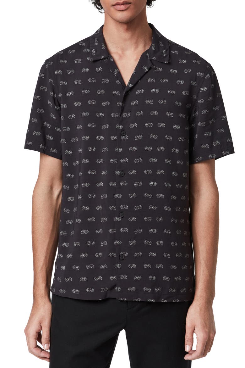 Snakeyes Slim Fit Short Sleeve Button-Up Camp Shirt, Main, color, BLACK