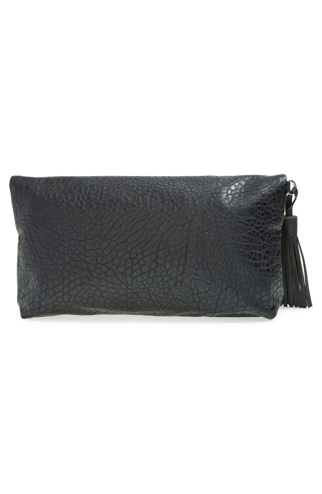 'Merino' Faux Leather Foldover Clutch, Alternate, color, BLACK