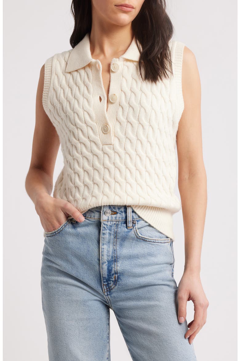 Cable Wool Sleeveless Polo Sweater, Main, color, CREAM